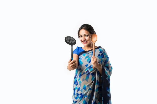 Portrait Indian Asian Woman Saree Kitchen Holding Wooden Ladle Belan — Stock Photo, Image