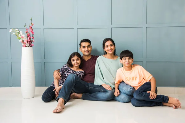 Portrait Happy Indian Asian Young Family While Sitting Sofa Lying — Stock Photo, Image