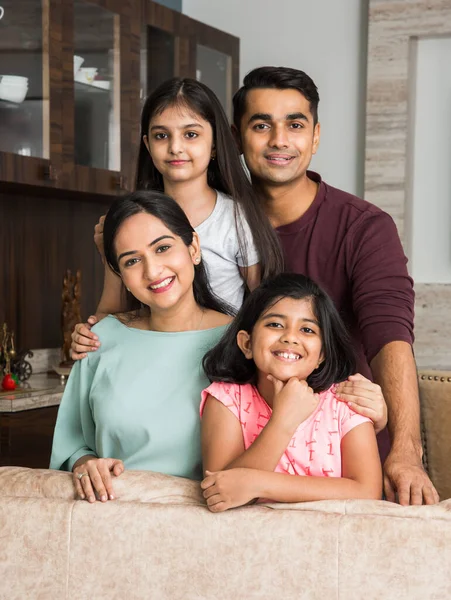 Portrait Happy Indian Asian Young Family While Sitting Sofa Lying — Stock Photo, Image