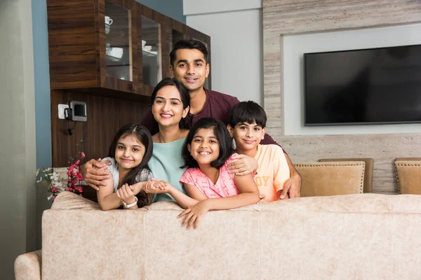 Portrait Happy Indian Asian Young Family While Sitting Sofa Lying — Stock Photo, Image