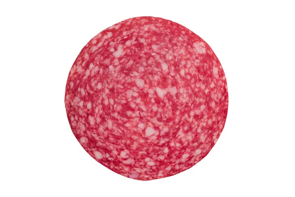 Üstten Görünüm makro ayrıntı beyaz arka plan üzerinde izole füme salam sosis dilim doku