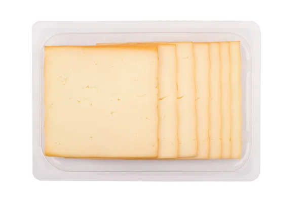üstten görünüm closeup ambalaj beyaz arka plan üzerinde izole kare peynir füme dilimleri