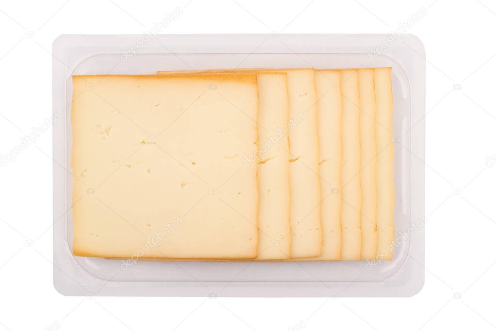 top view closeup of square cheese smoked slices in packaging isolated on white background