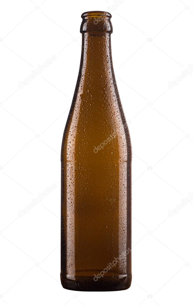 front view closeup of brown cider or beer bottle with no label and water drops isolated on white background