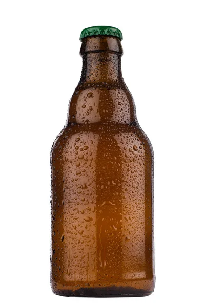 front view closeup of brown cider or beer bottle with no label water drops and green cap isolated on white background