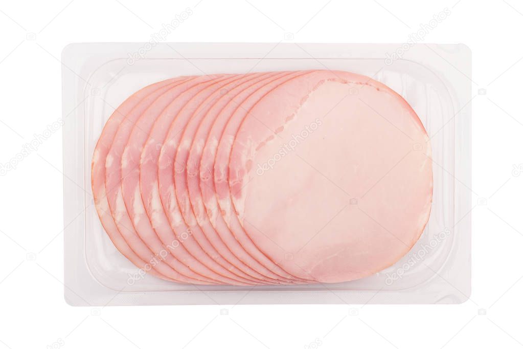top view of round slices of smoked pork loin ham in transparent plastic tray packaging isolated on white background