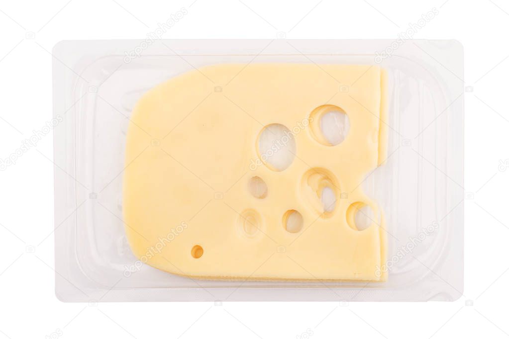 top view closeup of square cheese smoked slices with holes in transparent packaging tray isolated on white background