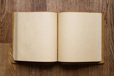 üstten görünüm closeup kahverengi ahşap parke zemin zemin üzerine deri kapaklar ve boş beyaz sayfaları ile açık kitap