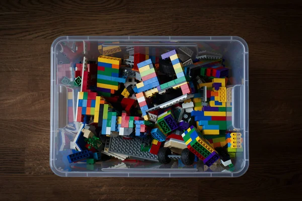 Top View Closeup Transparent Toy Container Box Colored Construction Blocks — Stock Photo, Image