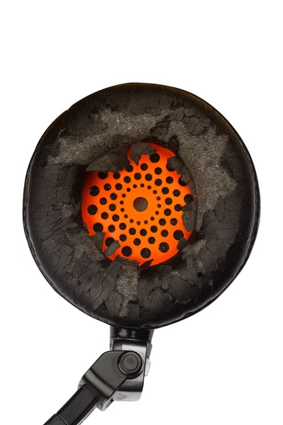 Top View Closeup Των Κατεστραμμένων Μαύρα Ακουστικά Απομονώνονται Λευκό Φόντο — Φωτογραφία Αρχείου