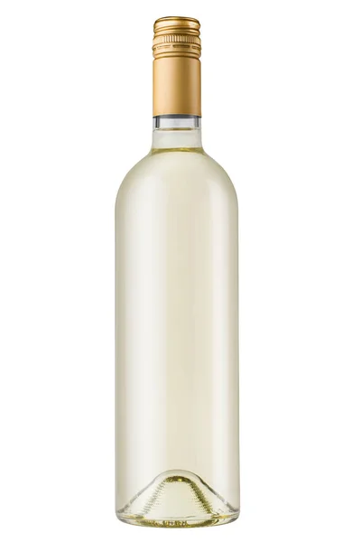beyaz zemin üzerine metalik bronz vida kapaklı şişe beyaz şarap önden görünümü