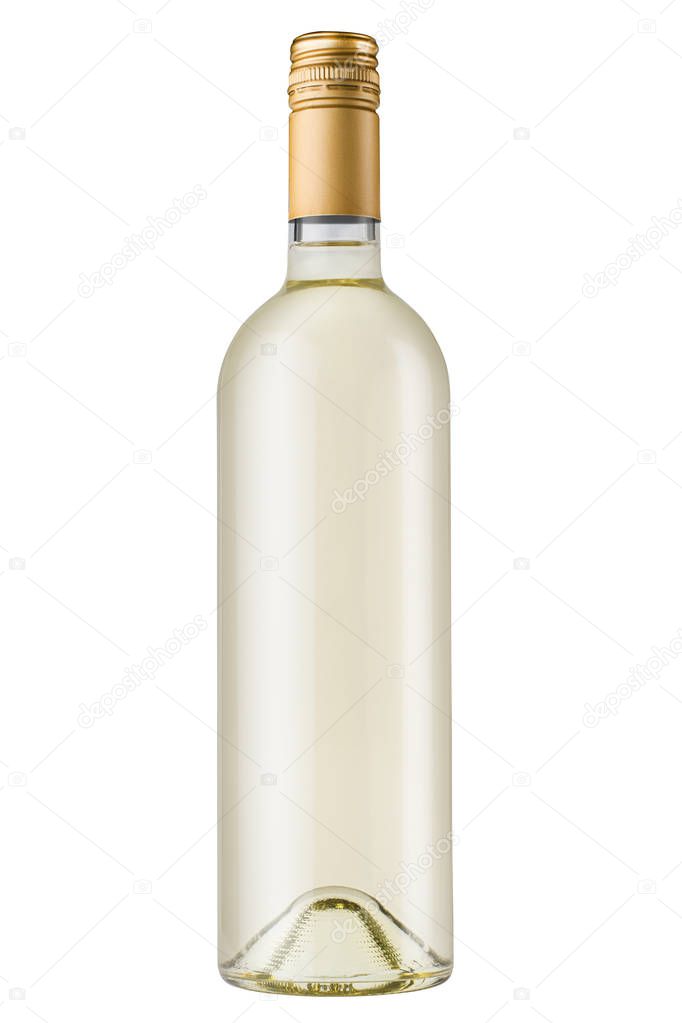 front view of white wine bottle with metallic bronze screw cap on white background