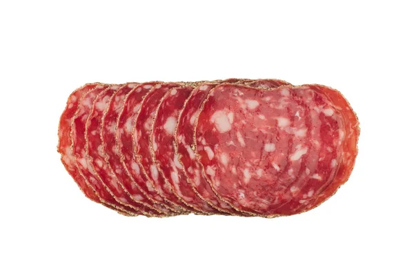 Rebanadas de salchichas salami aisladas en blanco — Foto de Stock