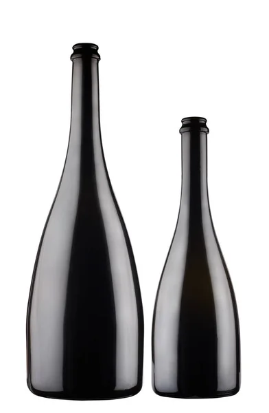 Due bottiglie di champagne nero su sfondo grigio — Foto Stock