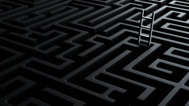 Bakış açısına göre, siyah sonsuz labirentten ufukta uzanan 3D merdiven kavramı