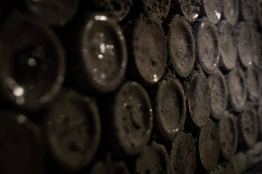 Yığılmış şarap şişelerinin ön görüntüsü yumuşak siyah küf ve şarap mahzeninde örümcek ağıyla kaplı antik koleksiyon