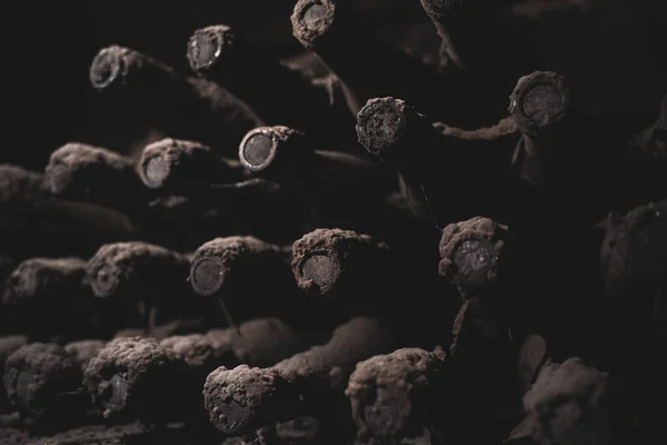ビンテージワインセラーの柔らかい黒カビとクモの巣で覆われた古いコレクションの積み重ねられた古いワインボトルの展望台の閉鎖 — ストック写真