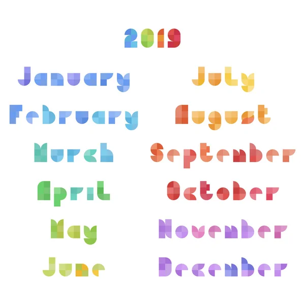 Ημερολόγιο 2019 μήνες επίπεδης γεωμετρικό στυλ διάνυσμα — Διανυσματικό Αρχείο