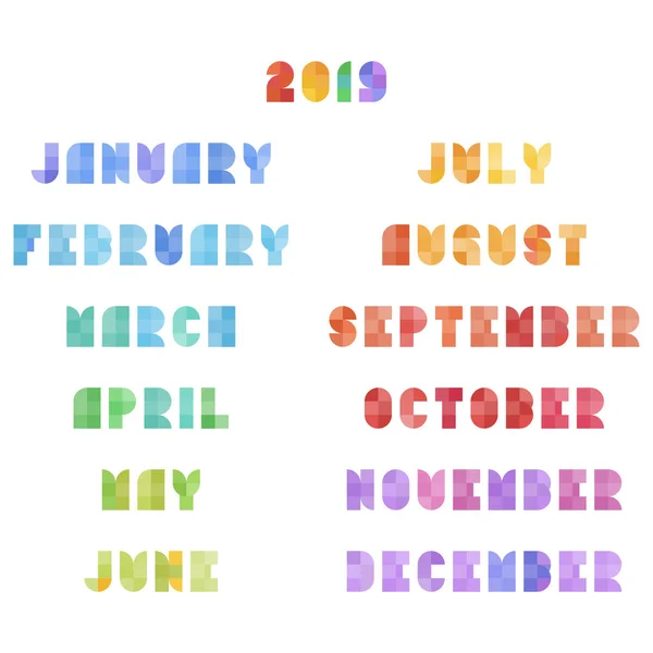 Calendario vettoriale 2019 Mesi Stile geometrico piatto — Vettoriale Stock