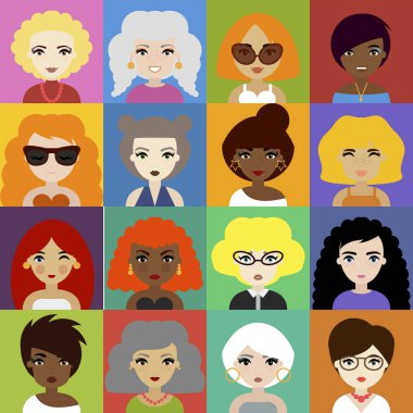 Kadın Avatar simgeleri düz stil kümesi