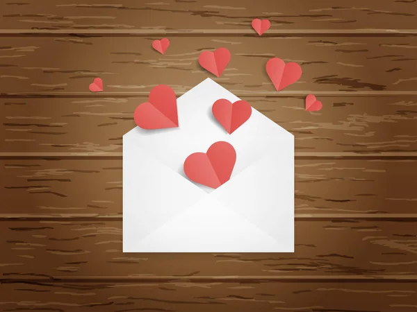 Corazones de papel origami rojo sobre fondo de tablero de madera — Vector de stock