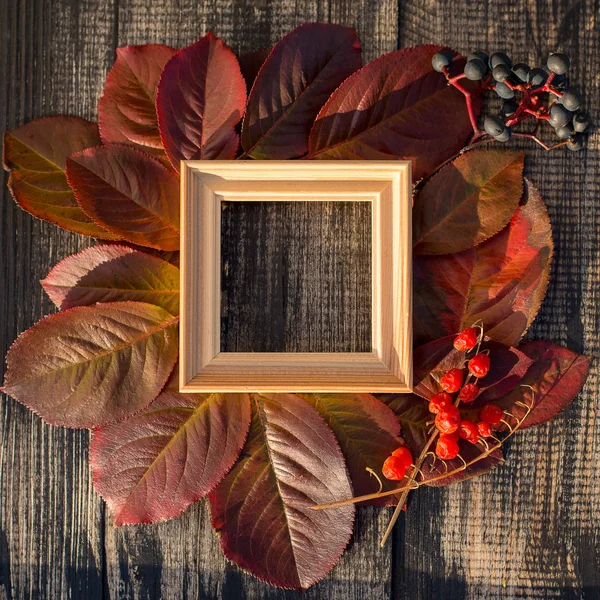 Beautiful autumn frame, red orange leaves on a dark wooden background, vintage or retro style