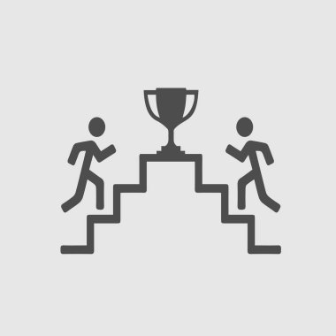Merdivenlerden çıkıp kupa kupasına doğru koşan iki adam. Başarı sembolü. Vektör simgesi 10.