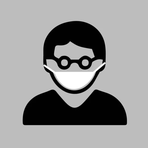 Tıbbi maske vektör ikonu olan adam. Gözlüklü, koruyucu maskeli bir erkek. Koronavirüs kovid 19 'a karşı koruma. Basit izole resim grafiği.