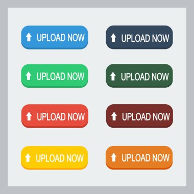 Renkli gönderme düğmesi ve işaret eden el seti. Düz çizim. Gönderme düğmesi koleksiyonu.