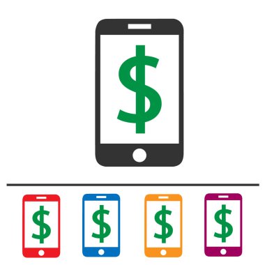 Dolar işareti ve telefon vektör simgesi 10 birim. Basit izole akıllı telefon ve para sembolü.