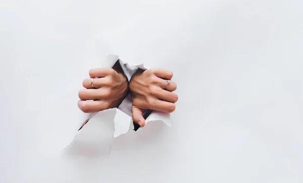 Female Hands Opening Hole White Paper Breaking Obstacles Escape Protest — Stock Photo, Image
