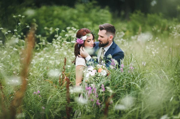 新娘和新郎在夏日公园的高草中轻轻拥抱 — 图库照片