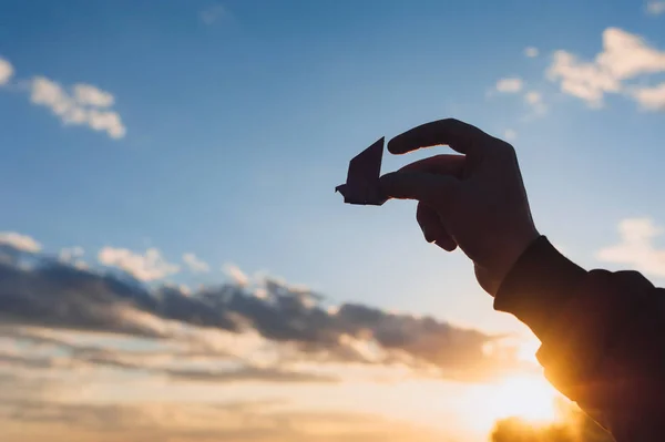 Origami Pássaro Nas Mãos Mulher Com Belo Fundo Pôr Sol — Fotografia de Stock