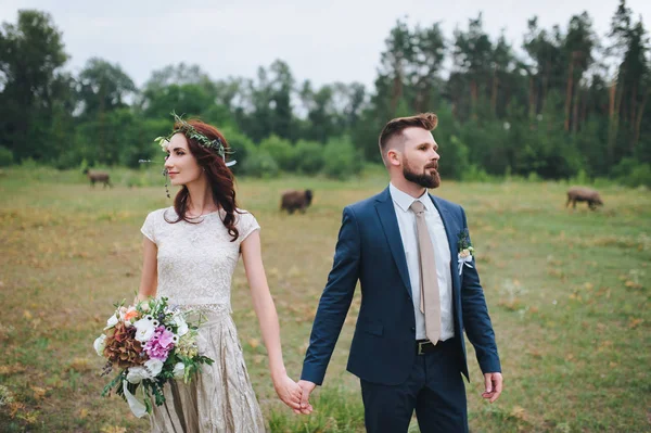 Bruid Bruidegom Hand Hand Achtergrond Van Natuur Zomer Bruiloft Wandeling — Stockfoto