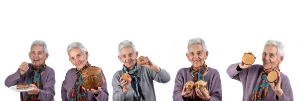 Mujer Mayor Comiendo Pasteles Dulces Sobre Fondo Blanco —  Fotos de Stock