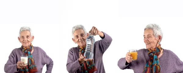 Older Woman Taking Different Drinks — Stock Photo, Image