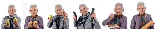 Mulher Idosa Com Grupo Alimentos Fundo Branco — Fotografia de Stock