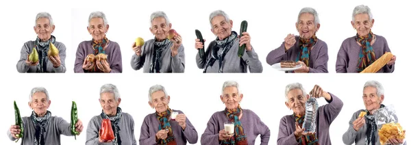 Senior Vrouw Met Een Groep Van Voedsel Witte Achtergrond — Stockfoto