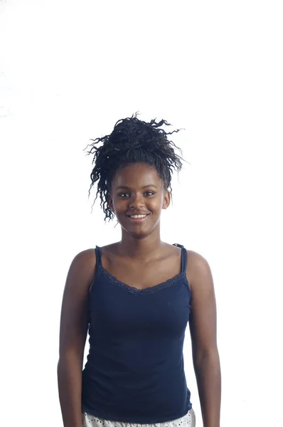 Porträtt Flicka Afrikanska Tonåring Vit Bakgrund — Stockfoto