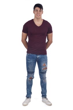 Genç adam beyaz izole tam portresi