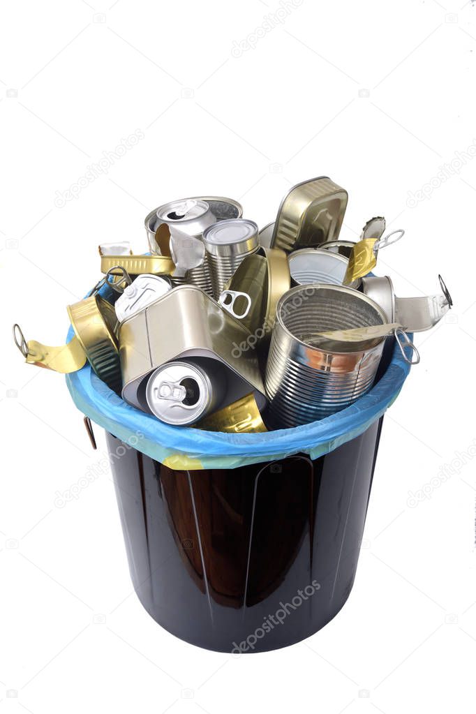 trash can (tin can food and drink) full of cans on white