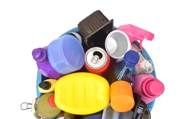 Reciclaje Envases Plástico Latas Estaño Sobre Fondo Blanco — Foto de Stock