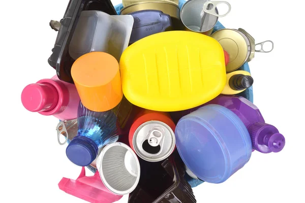Recyklingu Plastikowych Pojemników Puszek Białym Tle — Zdjęcie stockowe