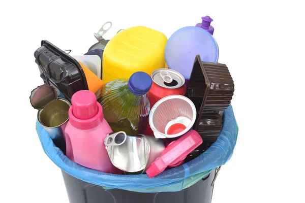 Reciclagem Recipientes Plástico Latas Estanho Sobre Fundo Branco — Fotografia de Stock