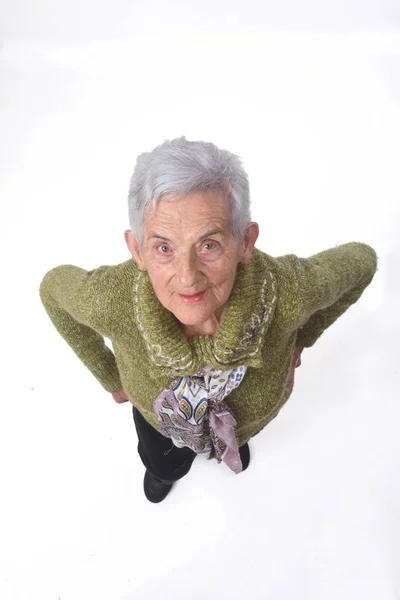 Portret van bovenaf van een oudere vrouw te bekijken op witte achtergrond — Stockfoto