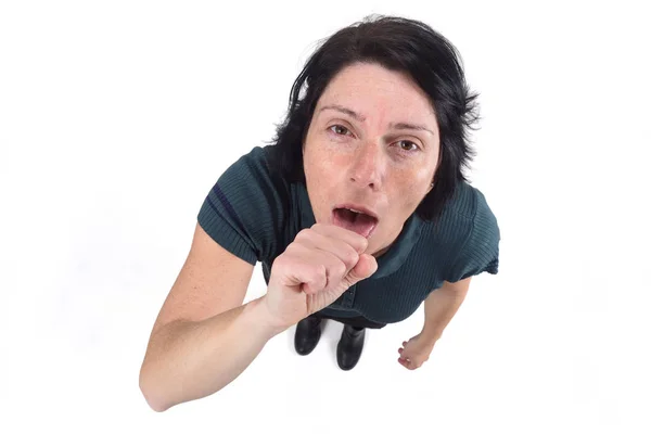 Mulher com tosse no fundo branco — Fotografia de Stock