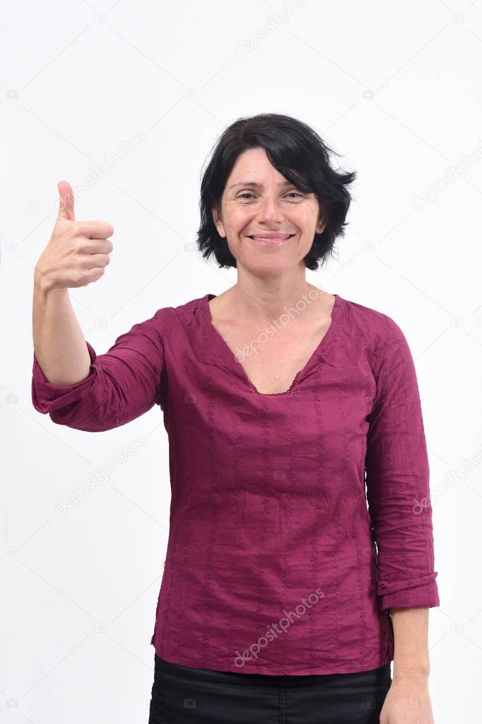 woman thumps up on white background