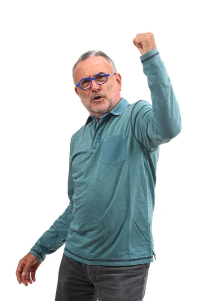 Hombre Levantando Sus Brazos Sonriendo Señal Victoria Sobre Fondo Blanco —  Fotos de Stock