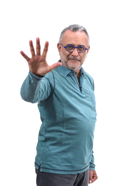 Άνθρωπος με ανοιχτό χέρι και νούμερο πέντε σε λευκό φόντο — Φωτογραφία Αρχείου