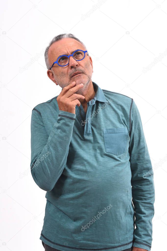 man having a doubt or question on white background